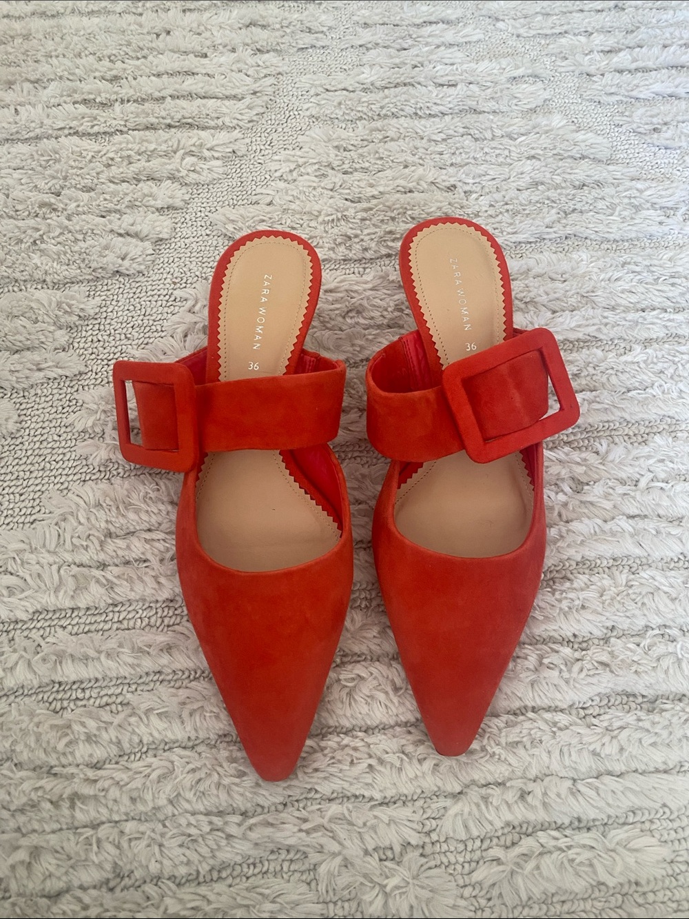 Zara Orange-Red Pointed Suede Mule with Buckle Sz 6